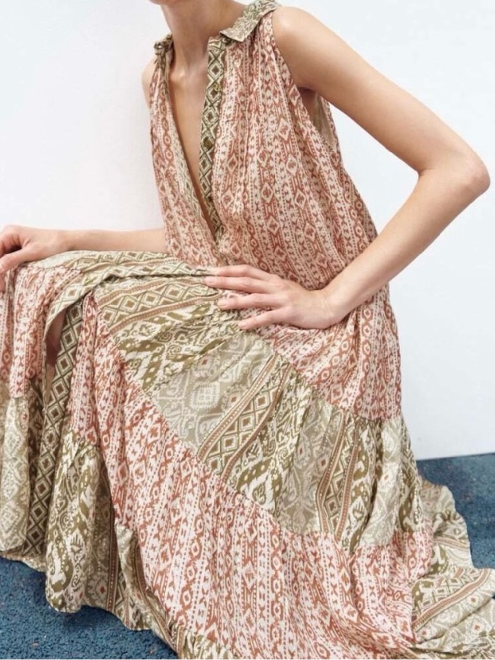 Zara Serena Tribal Print Collard Bohemian Sleeveless Green and orangeMaxi Dress